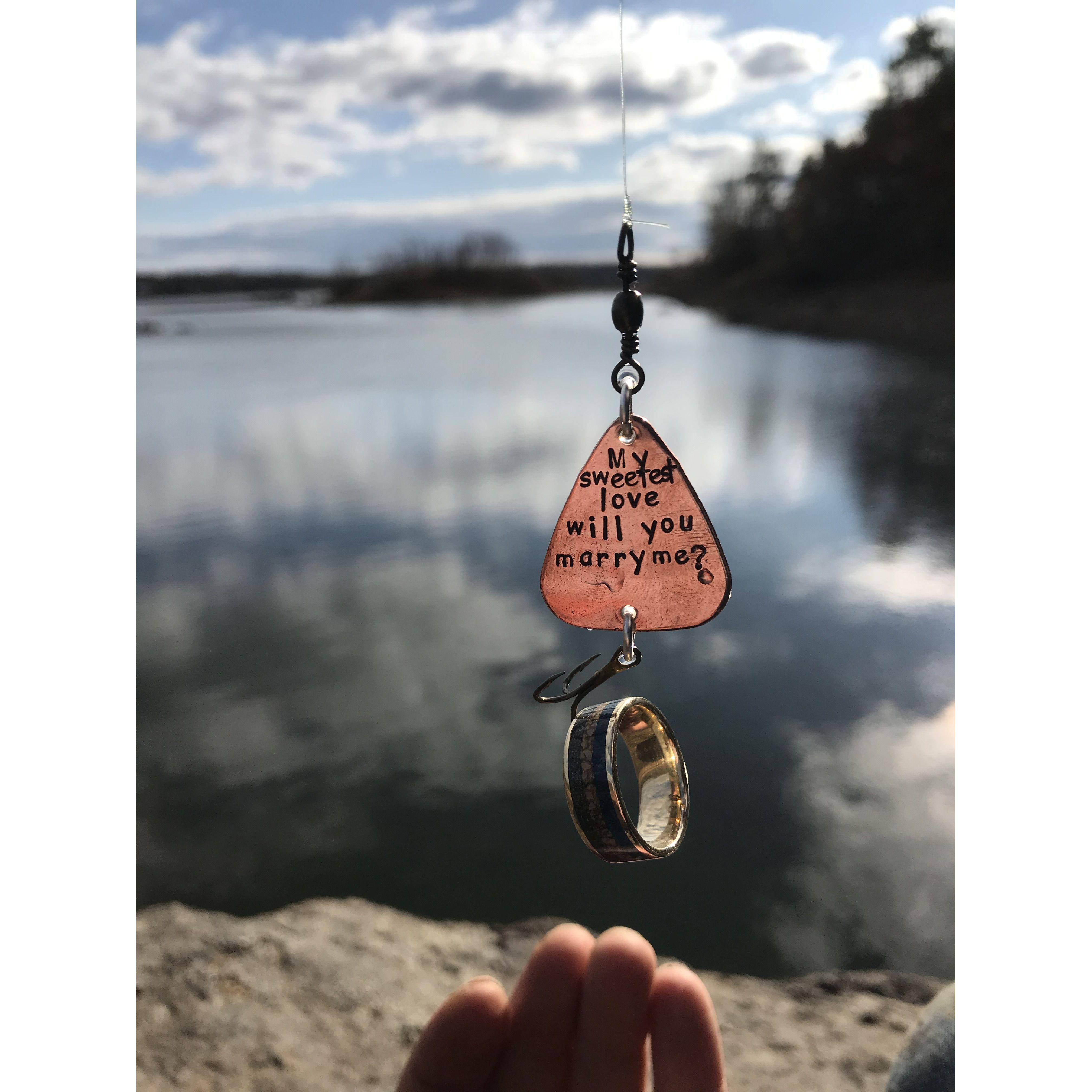 A moment I had planned for months - I had a special copper fishing lure made, along with a custom 14K gold ring inlayed with meteorite, dinosaur bone, and Blue Box Elder Wood. A ring as unique as him!