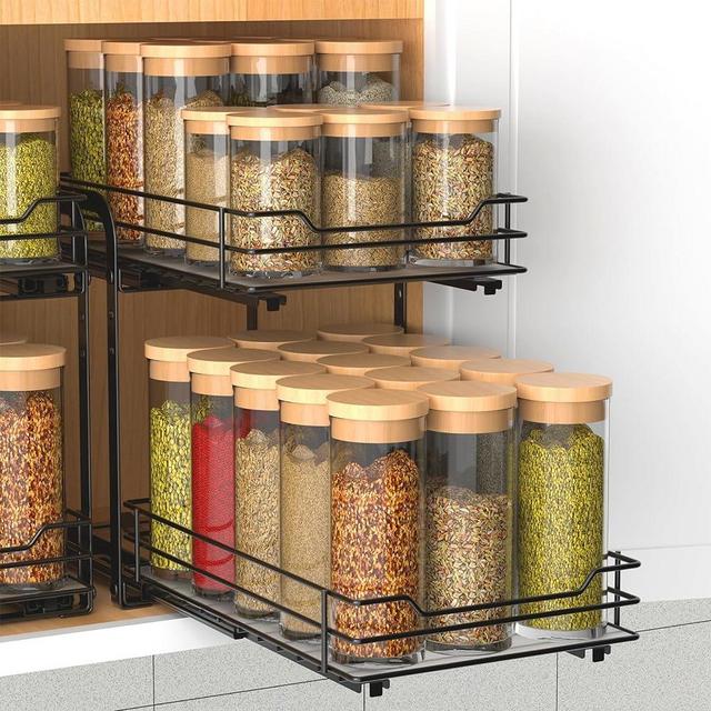 BOIVSHI 2-Tier Spice Rack, Pull Out Cabinet Organizer Spice Racks Height Adjustable Heavy Duty Metal Basket for Inside Cabinets & Pantry Closet (7.5''Wx10.5''Dx9.5''H)