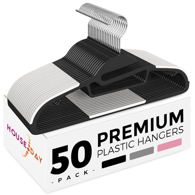 HOUSE DAY Heavy Duty Plastic Hangers 50 Pack, Black Slim Clothes Hangers Space Saving, Non Slip Hangers with Rubber Pads, Durable Coat Hangers for Closet, S-Shaped Hangers for Shirt, Suit, Pant, Skirt