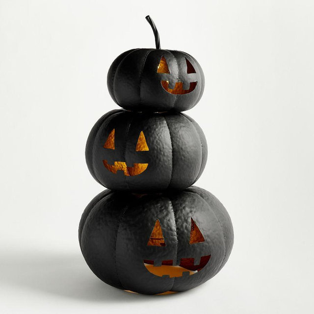 Lit Hammered Jack O'lantern, 3 Stacked, Black/Gold