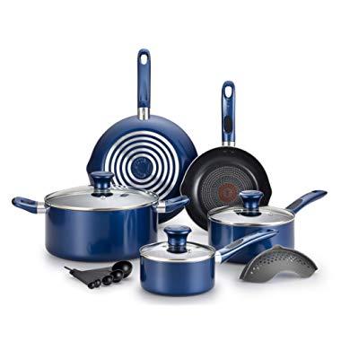 T-fal B037SE64 Excite ProGlide Nonstick Thermo-Spot Heat Indicator Dishwasher Oven Safe Cookware Set, 14-Piece, Blue