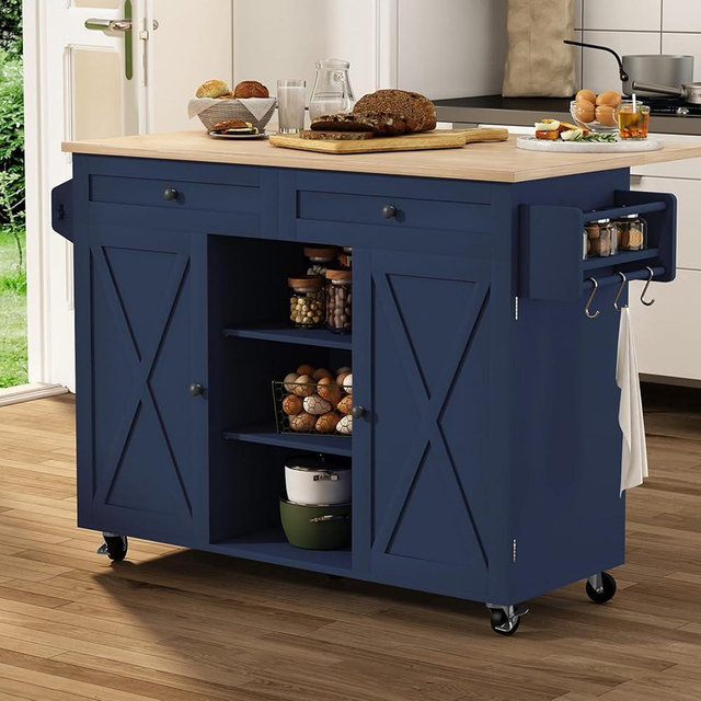 HLR Kitchen Island On Wheels, Rolling Kitchen Island Cart with Drop Leaf Countertop, Barn Door Kitchen Island Table with Storage Cabinet and Tower Rack, Island Table for Kitchen (Blue)