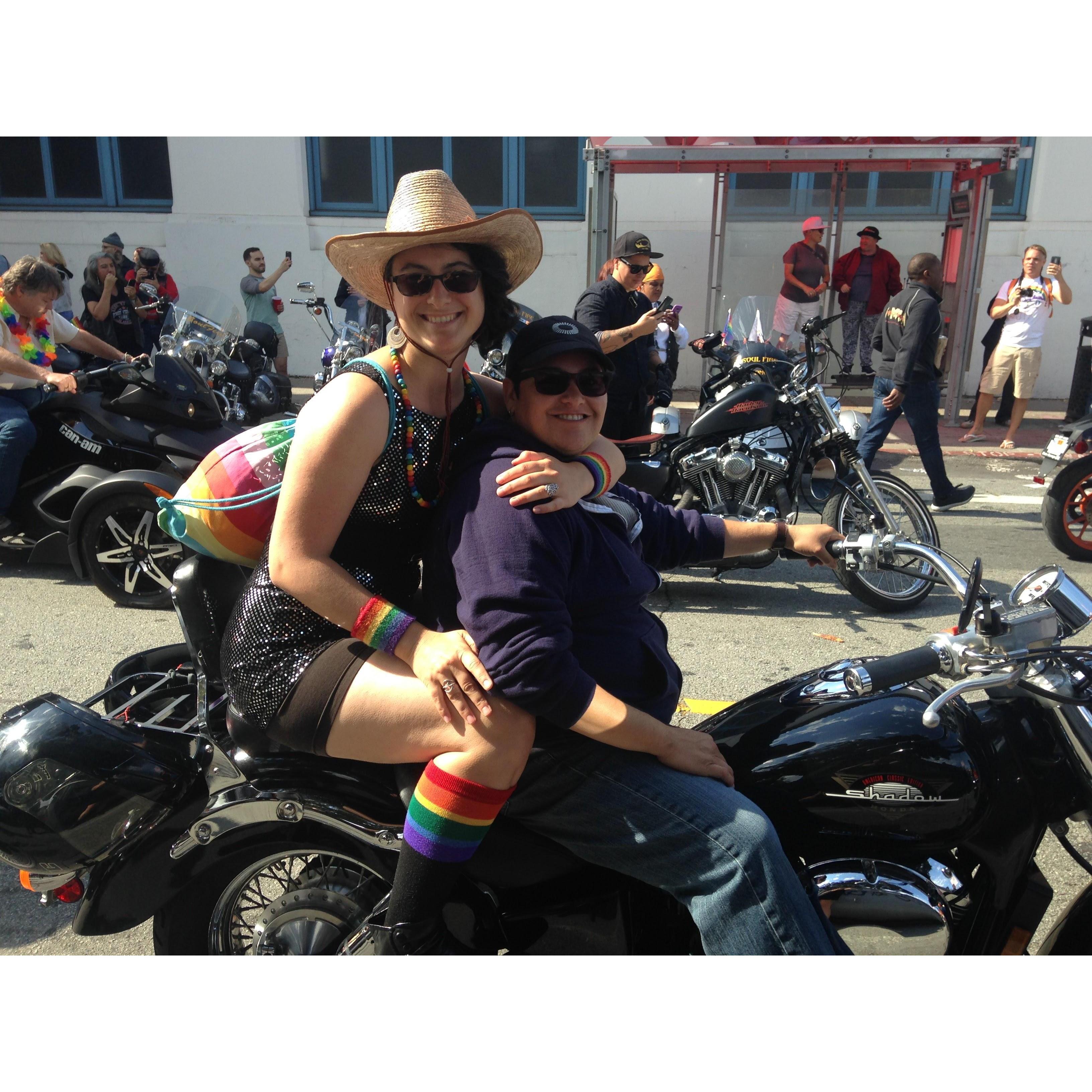 On Jess' motorcycle at SF Pride 2017.