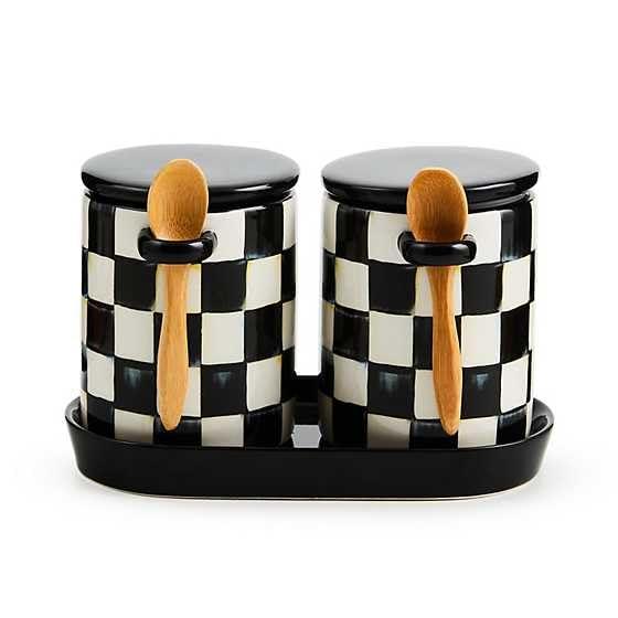 MACKENZIE-CHILDS Set of 2 Farmhouse Canister, Lidded Kitchen Canister with Spoon, Black-and-White Courtly Check