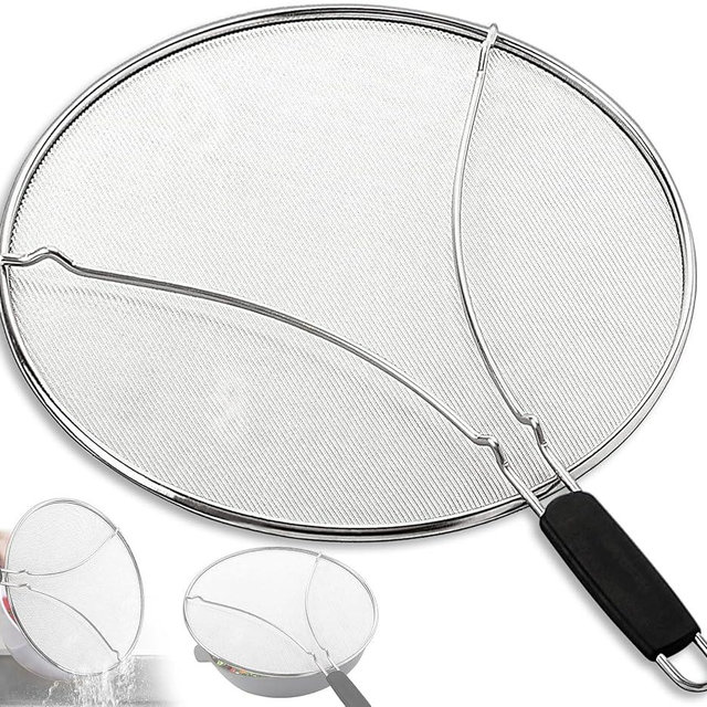 PLACHIDAY Splatter Screen for Frying Pan & Food Strainer,13 Inch Stainless Steel Grease Splatter Guard,Shield from Splashing Oil, Dishwasher Safe(Black)
