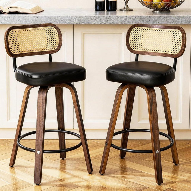 Natural Rattan Bar Stools Set of 2,Upholstered PU Leather, 26‘’ Counter Height Barstools with Back and Wood Legs,360°Swivel,Mid-Century Modern Bar Stool for Kitchen Island Dining Room and Bar(Black)