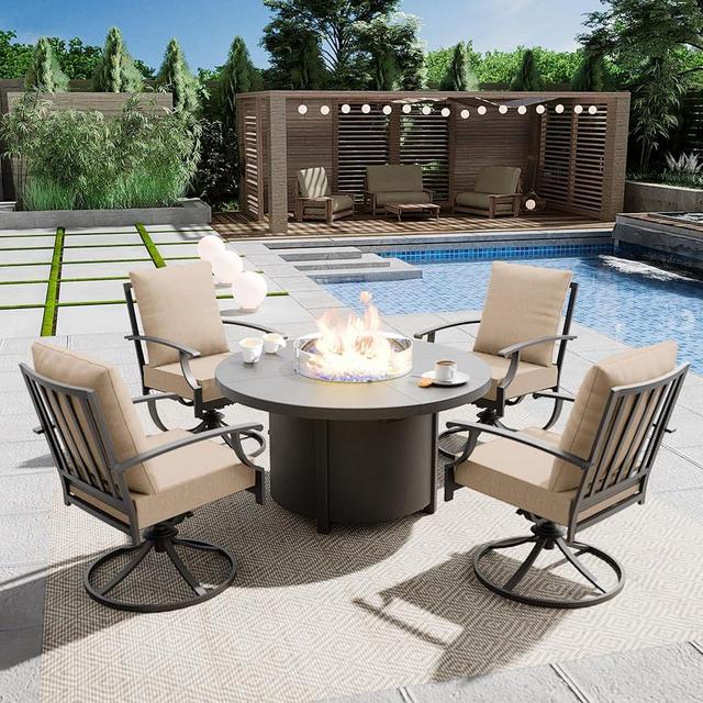 ASJMR 5 Piece Metal Outdoor Patio Furniture Set with 48" Round Propane Fire Pit, Outdoor Dining Table Set with 4 Swivel Chairs and 55000 BTU Outdoor Fire Pit, Sand