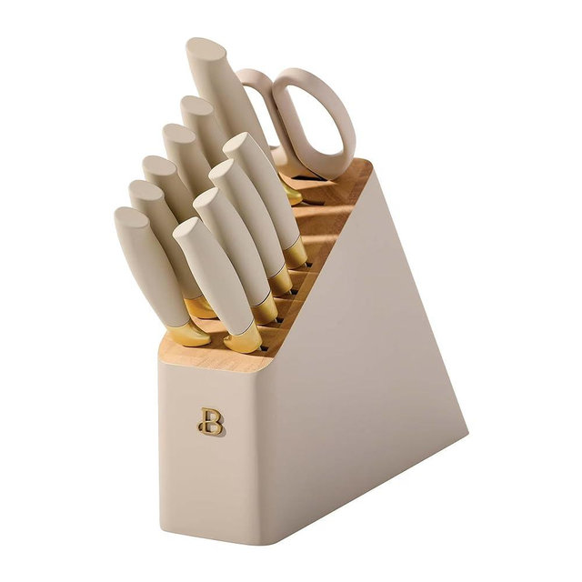 12 Piece Knife Block Set, Stainless Steel Blades with Soft Grip Ergonomic Handles, Stick Resistant Coating, Razor Sharp Kitchen Knife Set with Block and Scissors (Porcini)