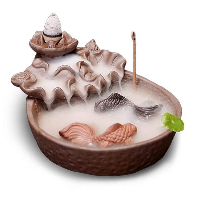 OTOFY Backflow Fountain Waterfall Ceramic Incense Holders, Backflow Incense Burner Figurine Incense Cone Holders Home Decor Gift Decorations Statue Ornaments (Cyprinus carpio)