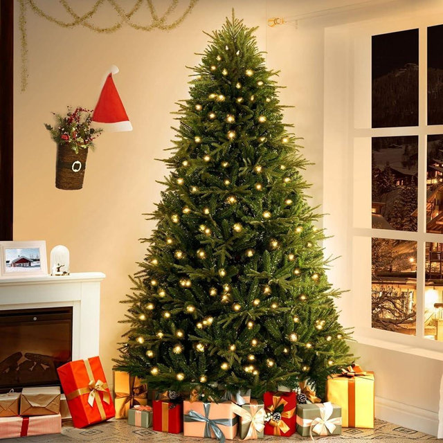 Naomi Home Camden 7.5ft Prelit Artificial Christmas Tree with Foot Pedal, 2755 Branch Tips, 600 Warm Lights and Metal Stand, 58" Wide Realistic Hinged Christmas Tree with Lights