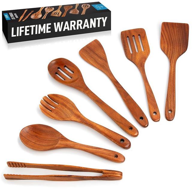 Zulay Kitchen Teak Wood Utensil Set – 7 Piece Wooden Cooking Utensils – Slotted Spoon, Bowl Scraper, Solid & Slotted Turner, Salad Spoon, Fork & Tongs – Durable, Nonstick Safe & Smooth Finish