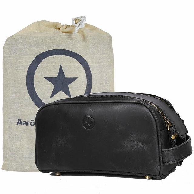 10" Premium Leather Toiletry Travel Pouch With Waterproof Lining | King-Size Handcrafted Vintage Dopp - Kit ~ Gift for Father's Day By Aaron Leather Goods