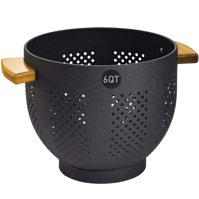 Metal Colander with Bamboo Wood Handle, 6 QT Large Strainer with Self-Draining Base, Kitchen Strainer Bowl for Pasta Spaghetti Vegetables Fruit Berry, Essential Kitchen Appliance and Gadget (Black)