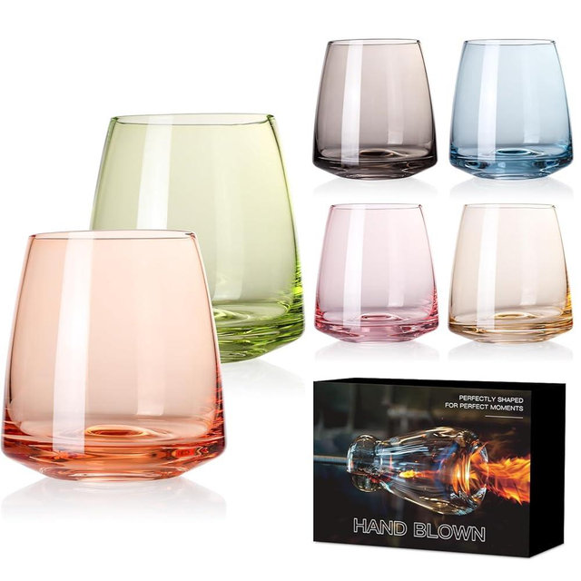 Colored Stemless Wine Glasses Set 6-Colorful Wine Glasses Stemless for Wine water,whiskies, juices, cocktails,Unique Gifts for Mother day Birthday Wedding Party
