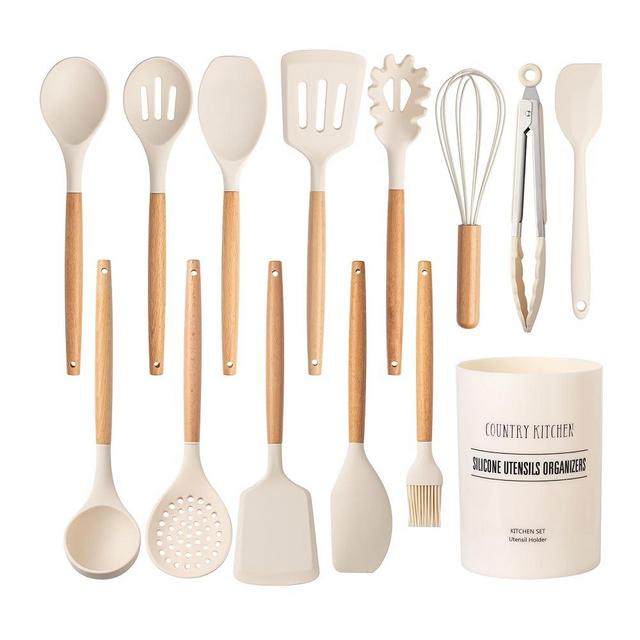 Country Kitchen Silicone Cooking Utensils, 14 Pc Kitchen Utensil Set, Easy to Clean Wooden Kitchen Utensils, Cooking Utensils for Nonstick Cookware, Kitchen Gadgets and Spatula Set