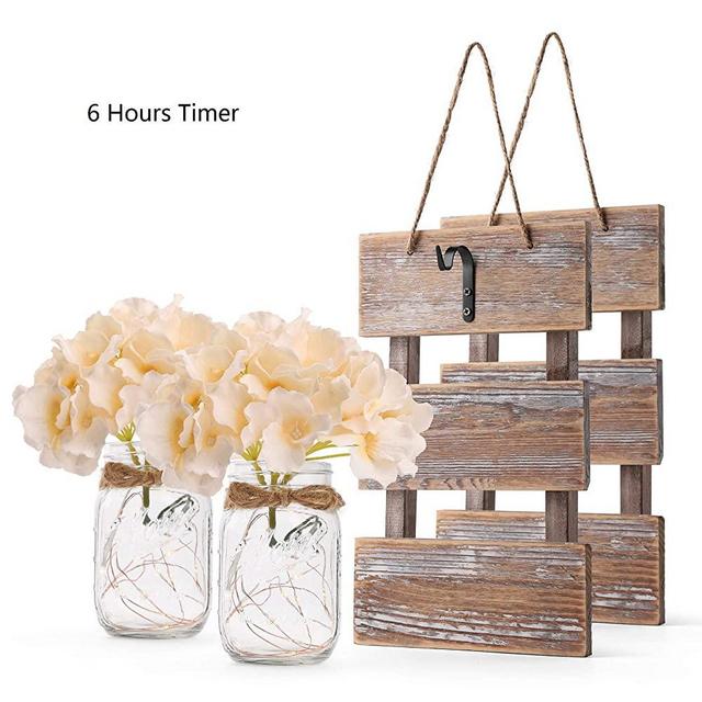 GBtroo Rustic Brown Mason Jar Sconces for Wall Decor, Decorative Chic Hanging House Decor Mason Jars with LED Strip Lights, 6-Hour Timer, Silk Hydrangea, Iron Hooks for Home & Kitchen Decorations