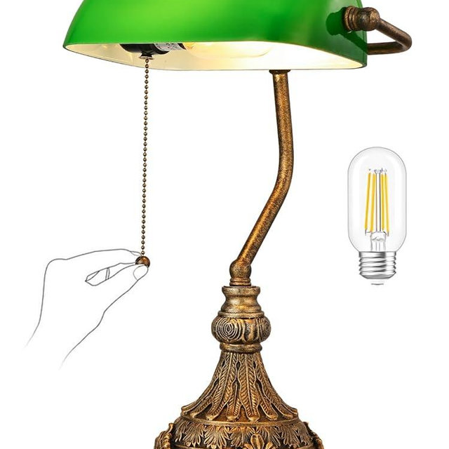 Newrays Vintage Green Glass Bankers Desk Lamp for Home Office,Library with Pull Chain Switch Plug in Fixture, LED Bulb Included