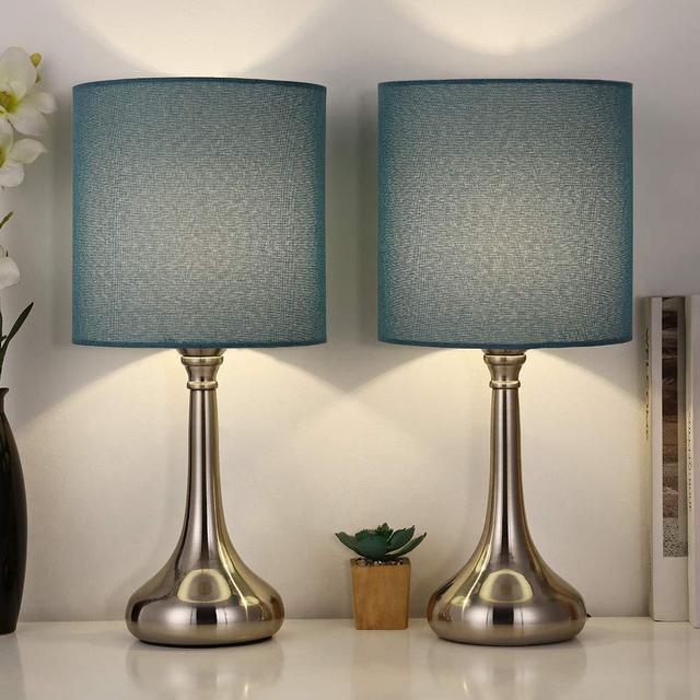 Bedside Table Lamps Modern Desk Lamp, Small Nightstand Lamps Set of 2 with Metal Base and Blue Fabric Shade for Bedroom, Office, Living Room, Family Room, College Dorm