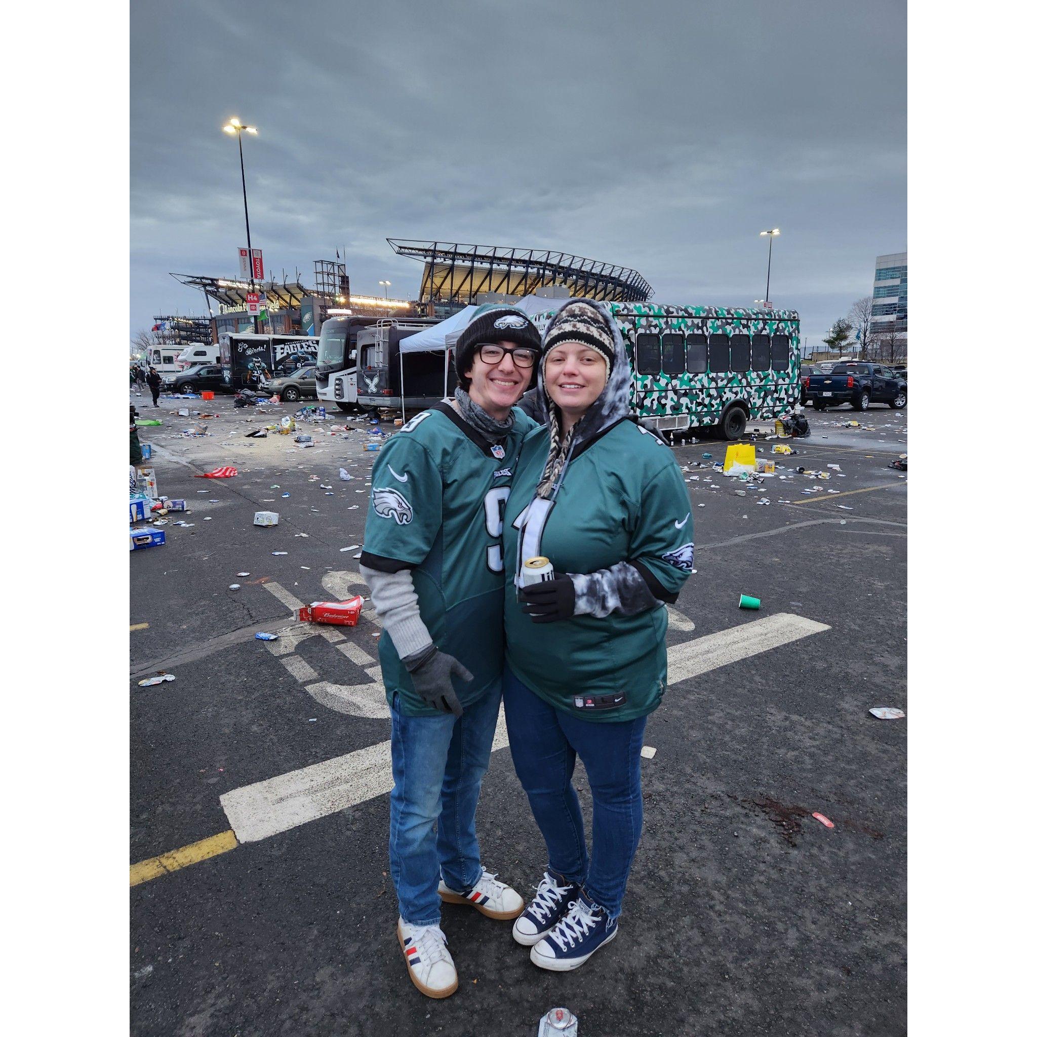 Just a couple of lifelong Eagles fans celebrating the Philadelphia Eagles' 2022 NFC championship win while tailgating at Lincoln Financial Field.