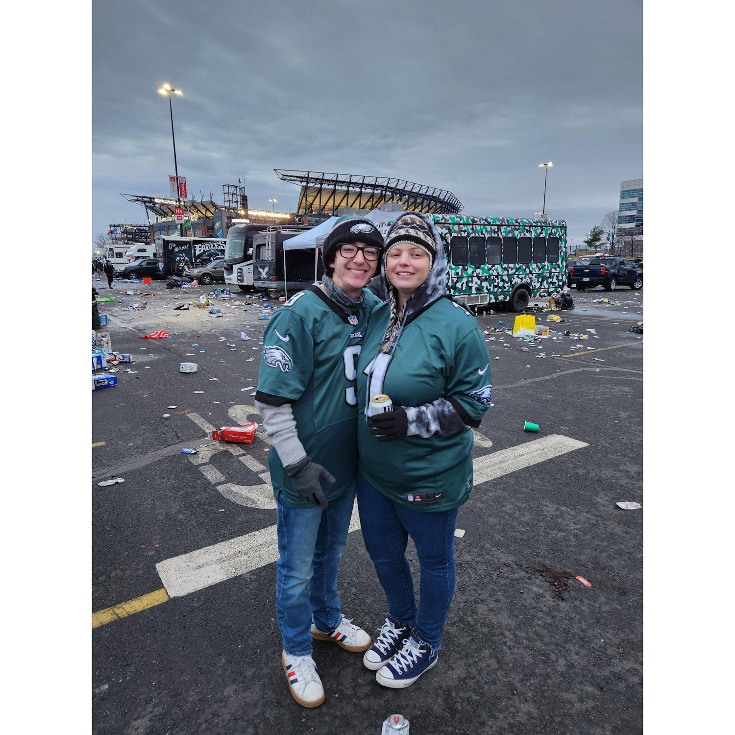 Just a couple of lifelong Eagles fans celebrating the Philadelphia Eagles' 2022 NFC championship win while tailgating at Lincoln Financial Field.
