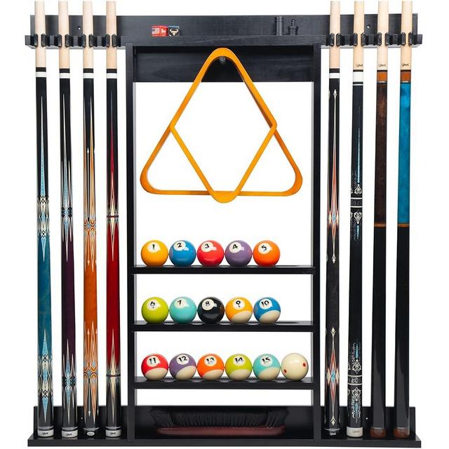 Billmart Pool Stick Holder Wall Mount, 8 Cues Solid Wood Billiard Pool Cue Rack, Pool Table Accessories (Black)