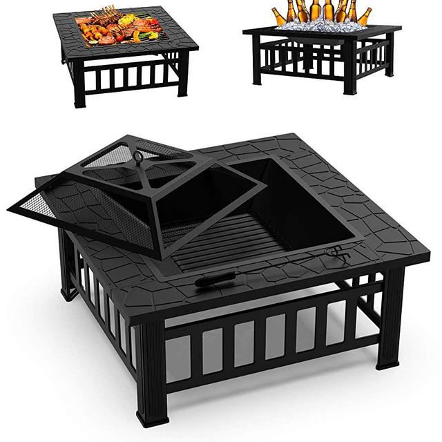 GOOGNICE Fire Pit Outdoor Fire Pits Outdoor Wood Burning with Spark Screen Cover and Poker (1Square)