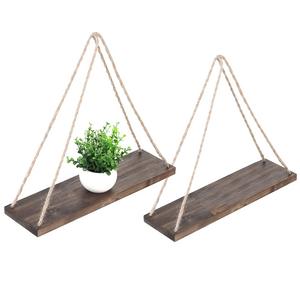 17-Inch Distressed Wood Hanging Swing Rope Floating Shelves, Set of 2, Brown