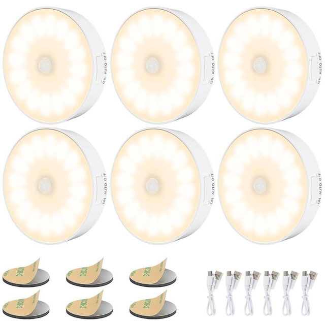 Electight 14 LEDs Motion Sensor Light Indoor, 6 Pack Upgraded Night Light USB Rechargeable, 3 Light Modes & Long Last Battery, Cordless Magnetic Nightlight for Bedroom, Closet, Hallway - Warm White