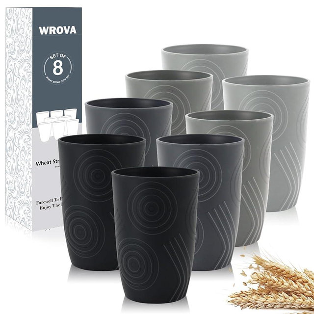 Wrova Wheat Straw Cups 16oz set of 8 with Etched Pattern - Alternative Plastic Cups Dishwasher Safe - Plastic Drinking Cups Unbreakable for Kids - Black to Grey