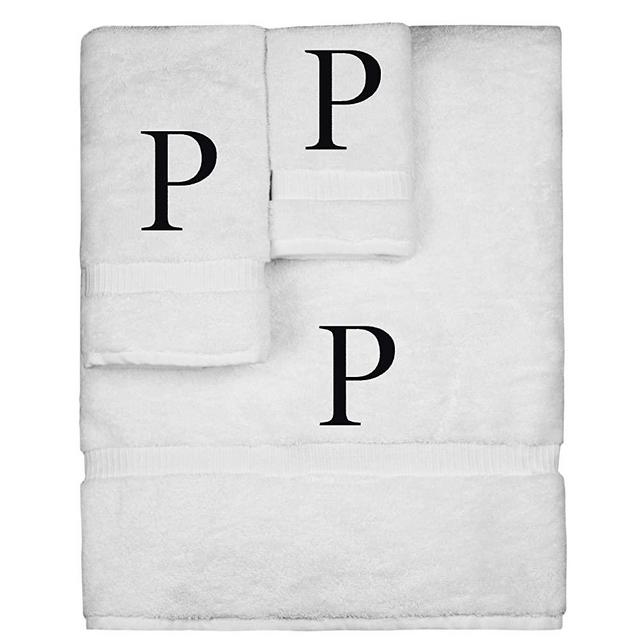Monogrammed Towel Set, Personalized Gift, Set of 3- Black Block Letter Embroidered Towel - Extra Absorbent 100% Turkish Cotton - Soft Terry Finish - Initial P White