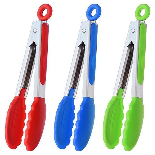 HINMAY Mini Tongs with Silicone Tips 7-Inch Serving Tongs, Set of 3 (Red Blue Green)