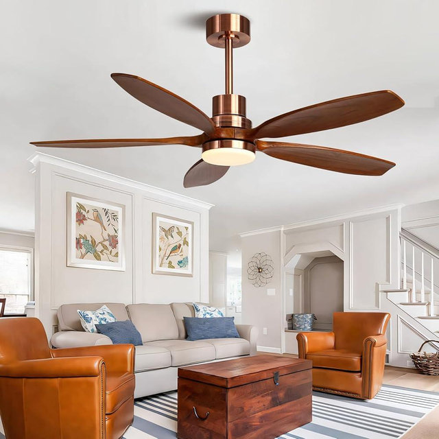 KAPOEFAN 52" Ceiling Fan with Light and Remote,Reversible DC Motor,6Speed,Modern Natural Wood Ceiling Fan With Dimmable LED for Outdoor Patios Bedroom Living Room,Brown Walnut and ed Red Brass