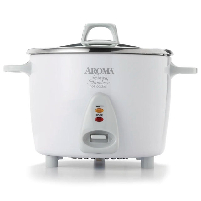 AROMA Simply 6-Cup Stainless Steel White Rice Cooker with Measuring Cup and Serving Spatula ARC-753SG