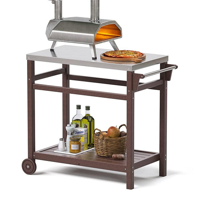 TORVA Outdoor Prep Cart,Portable Dining Table for Pizza Oven, Double-Shelf Patio Grilling Backyard BBQ Grill Cart(Brown Color)