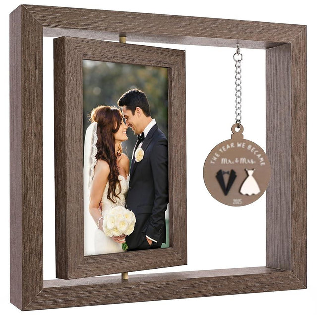 LukieJac Wedding Gifts for Couples 2025,Rustic Rotating Floating Mr and Mrs 4x6 Picture Frame Wedding & Engagement Gifts for Newlyweds, Bridal Shower Present for Bride to Be
