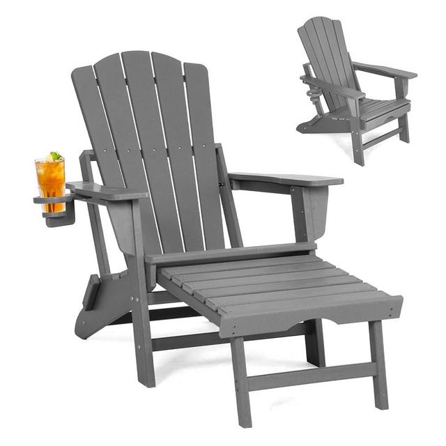 LETKIND Folding Adirondack Chair with Retractable Ottoman,All Weather Fire Pit Chairs with Cup Holder,Outdoor Chair with Ottoman,Grey