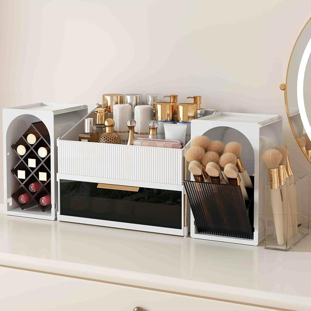Large Makeup Organizer for Vanity with Brush Holder and Lipstick Display Stand, Countertop Makeup Organizer with Drawer, Cosmetic Storage for Skincare, Nail Polish, Perfume and Eyeshadow Palettes