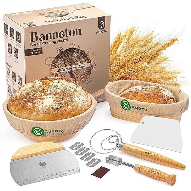 Banneton Bread Proofing Basket Set of 2 with Sourdough Bread Baking Supplies - A Complete Bread Making Kit Including 9" Proofing Baskets, Danish Whisk, Bowl Scraper, Dough Scraper, & Bread Lame