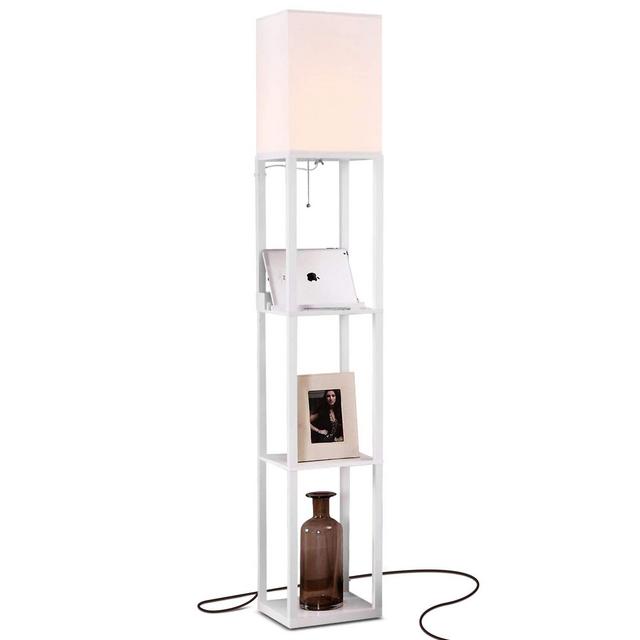 Brightech Maxwell Charging Edition - LED Shelf Floor Lamp for Living Rooms & Bedrooms - Includes USB Ports & Electric Outlet - Modern Standing Light - Asian Display Shelves - White
