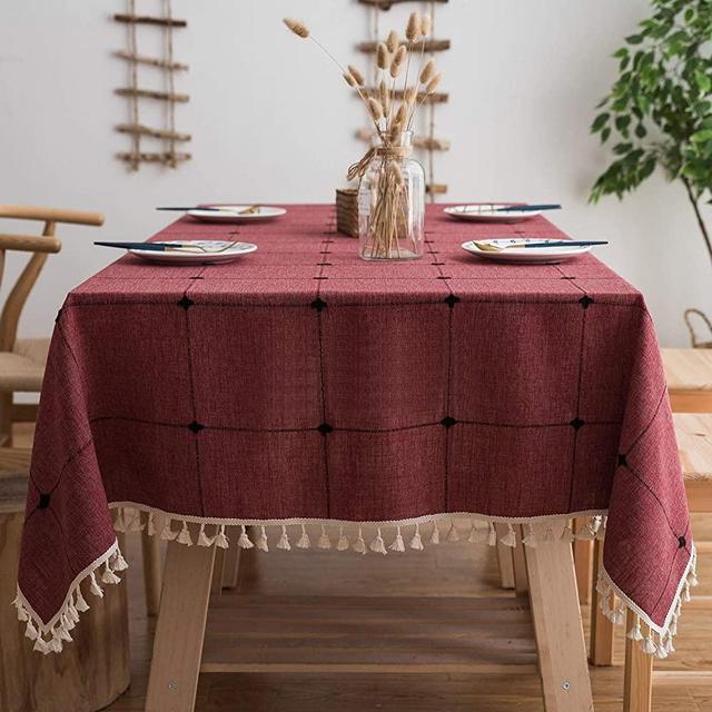 Mokani Washable Cotton Linen Solid Embroidery Checkered Design Tablecloth, Rectangle Table Cover Great for Kitchen Dinning Tabletop Buffet Decoration (55 x 86 Inch, Red)