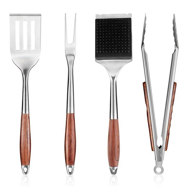 FJNATINH Heavy-Duty Grilling Accessories Rose Wooden BBQ Grilling Tools Set,Outdoor Grill Set with Spatula, Fork, Brush & Tongs,Essential Accessories for Barbecue & Grill. Ideal Gift for Men