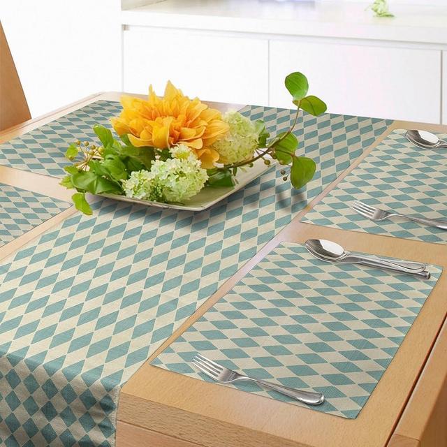 Ambesonne Geometric Table Runner & Placemats, Rhombus Pattern with Retro Design Inspirations Vintage Argyle Arrangement, Set for Dining Table Decor, Placemat 4 pcs + Runner 14"x72", Beige Teal