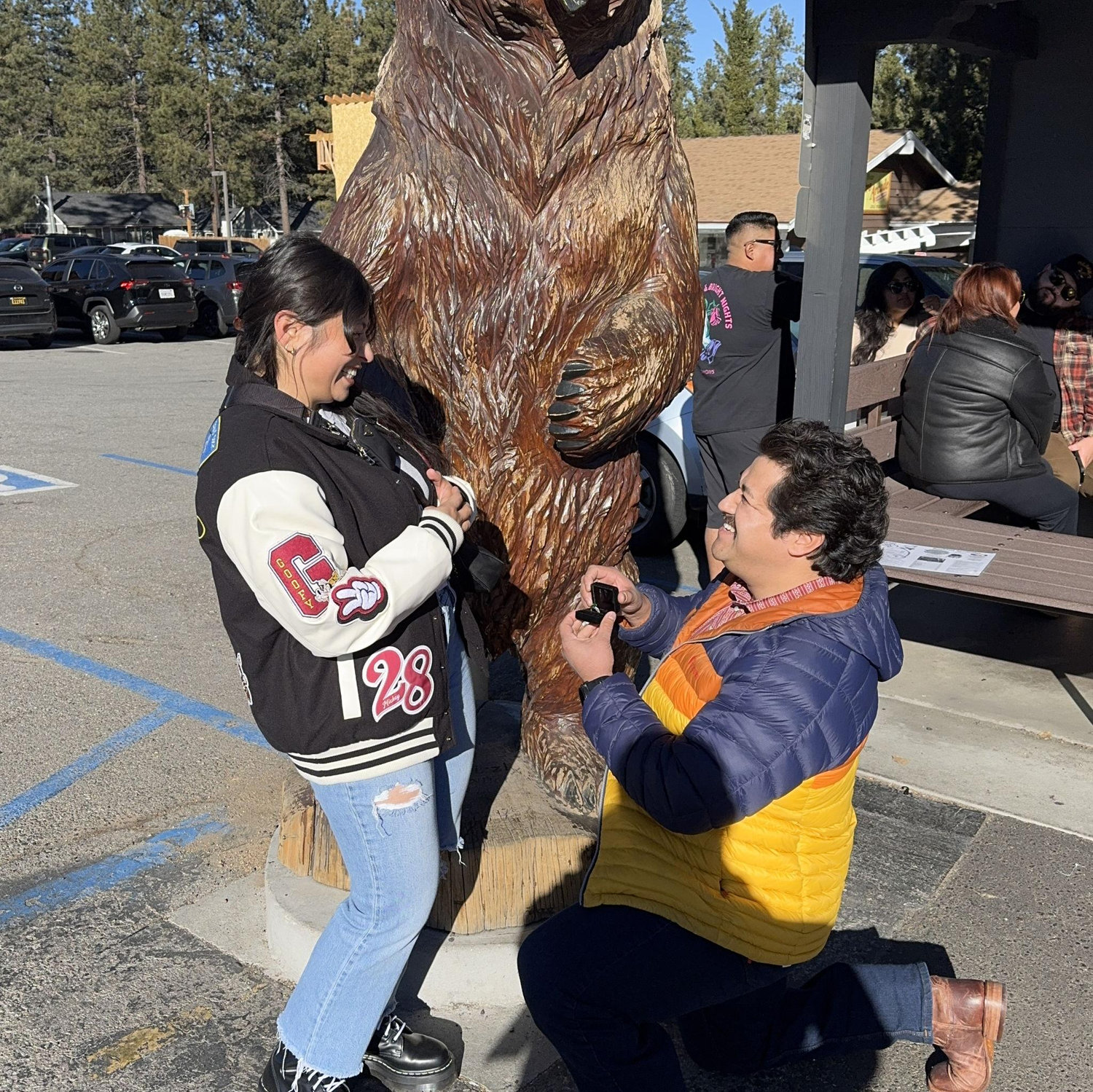 We have a tradition were we go to Big Bear to take a picture with the bear in front of Grizzly Manor Cafe and it’s where Ulices proposed 2025