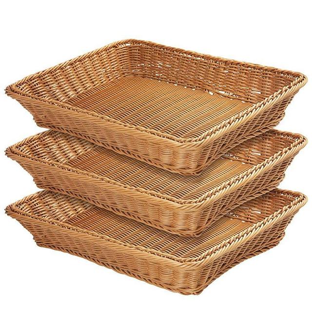 15.7" Poly-Wicker Bread Basket,Woven Tabletop Food Fruit Vegetables Serving Basket, Restaurant Serving,Brown (3 PACKS)