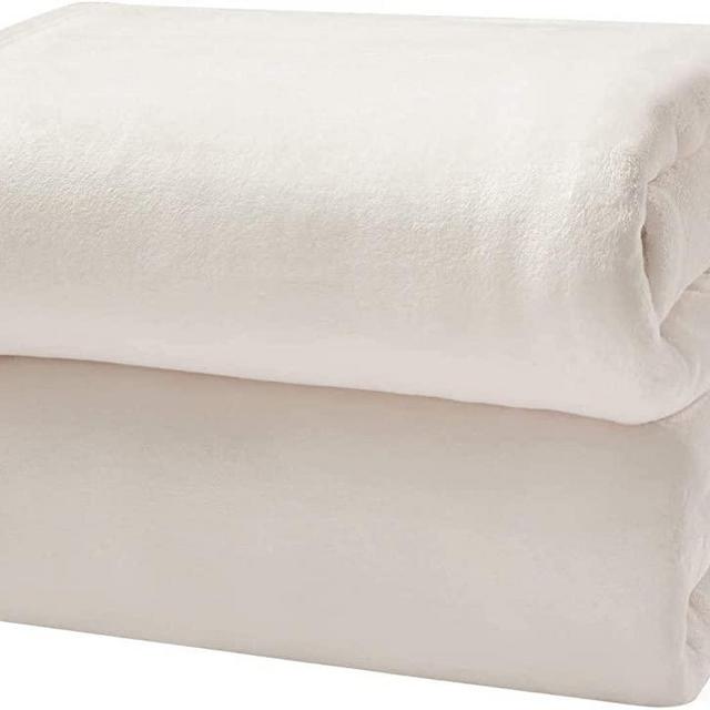 Bedsure Flannel Fleece Blanket Queen Size (90"x90"), Cream - Lightweight Blanket for Sofa, Couch, Bed, Camping, Travel - Super Soft Cozy Microfiber Blanket