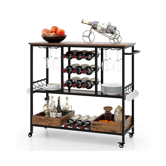 Costway 3 Tiers Bar Cart Home Serving Cart on Wheels with Glass Racks Wine Holders