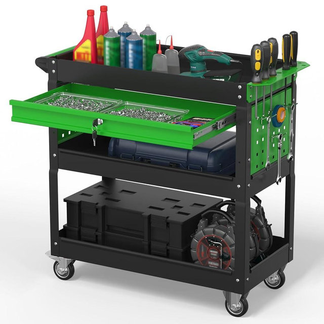 Cobinery 3 Tier Rolling Tool Cart on Wheels, 550 LBS Tool Cart with Drawers，Heavy Duty Utility Cart with Pegboard and Hooks，Mechanic Tool Storage Cart for Garage, Warehouse (Black-Green)