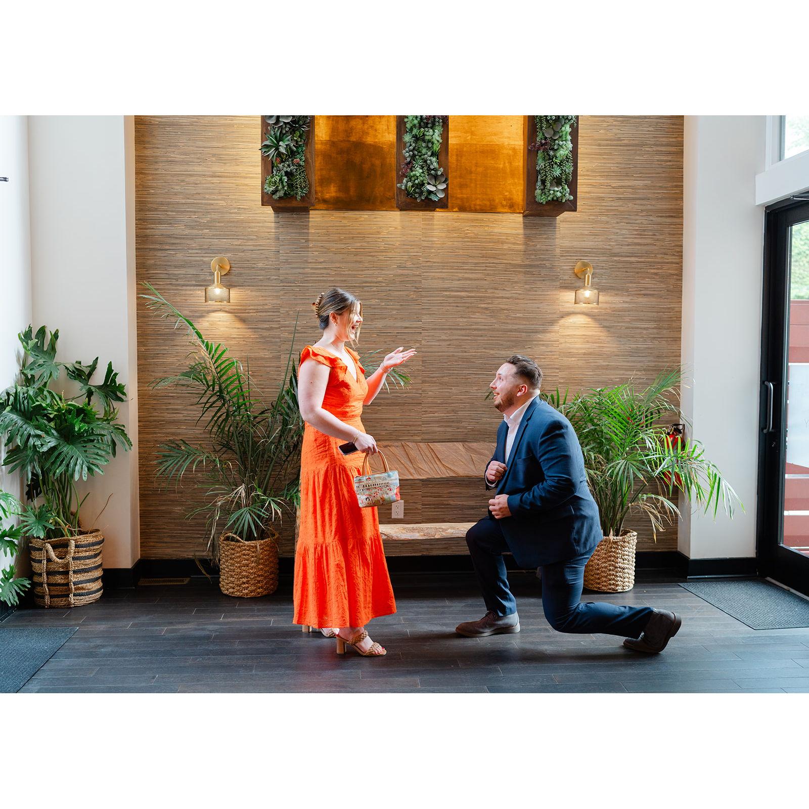 Marek popping the question at our favorite place, The Townley Hotel