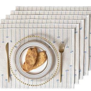 Placemats Set of 6 for Dining Table Décor, Woven Cloth Place Mats for Farmhouse Kitchen Tabletop, Handcrafted Machine Washable Cotton Table mats 13 x 19 Inch, Light Blue and Beige
