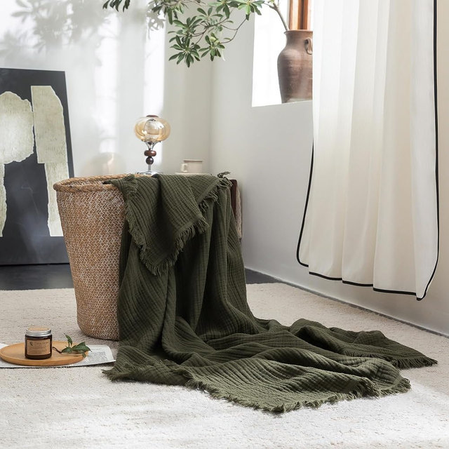FOSSA Muslin Blanket 4-Layer 100% Cotton Gauze Blanket with Fringe 50"x70" | Super Soft Breathable Lightweight All Season & Decorative Blanket or Bed, Sofa, Office (Olive Green,Throw XL)